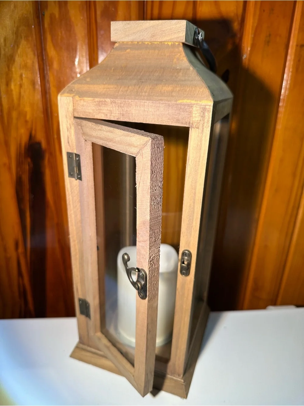 Wooden Glass Lantern with White Candle - Natural Finish